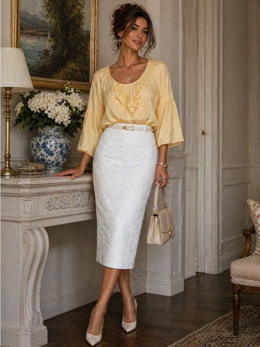 Classic White Embossed Pencil Skirt | Old Money Aesthetic | Timeless Chic Fit